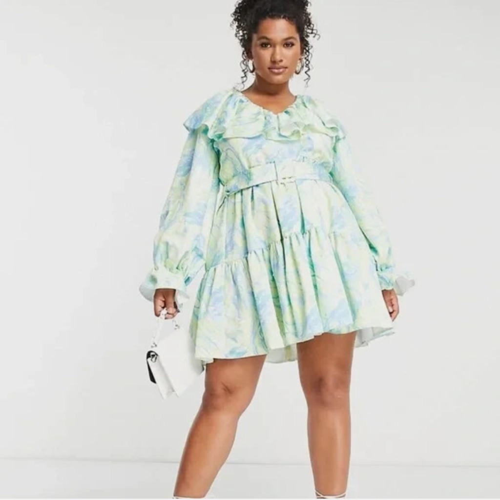 Asos Luxe Curve V Neck Belted Twill Smock Dress In Marble-Multi (Nwt)